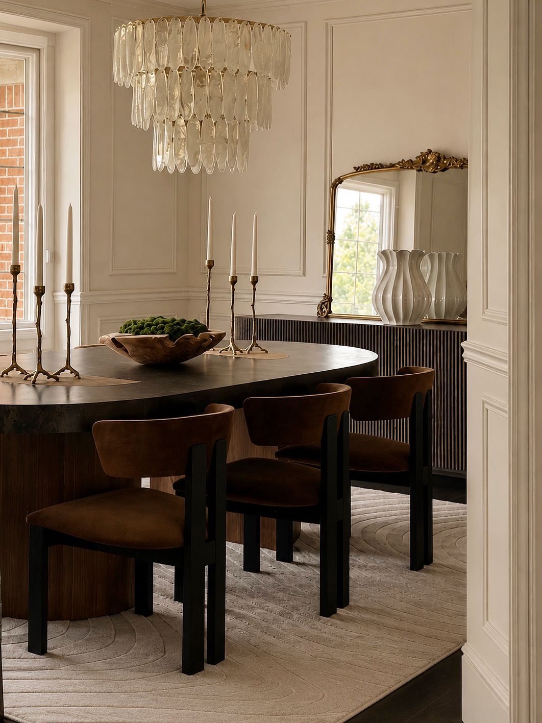 Elegant dining room with brass chandelier and modern chairs