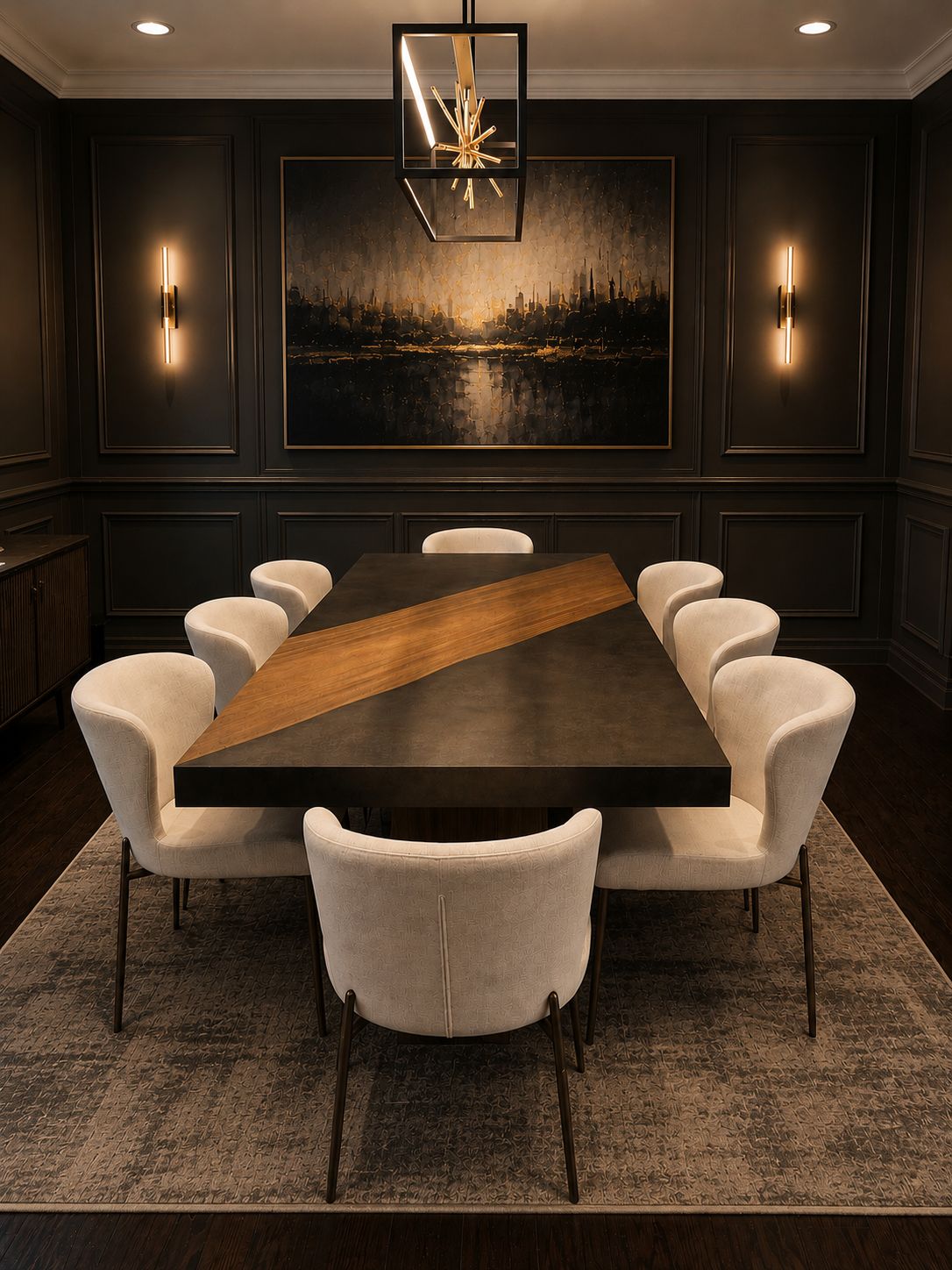 Moody dining room with dark paneling and statement art