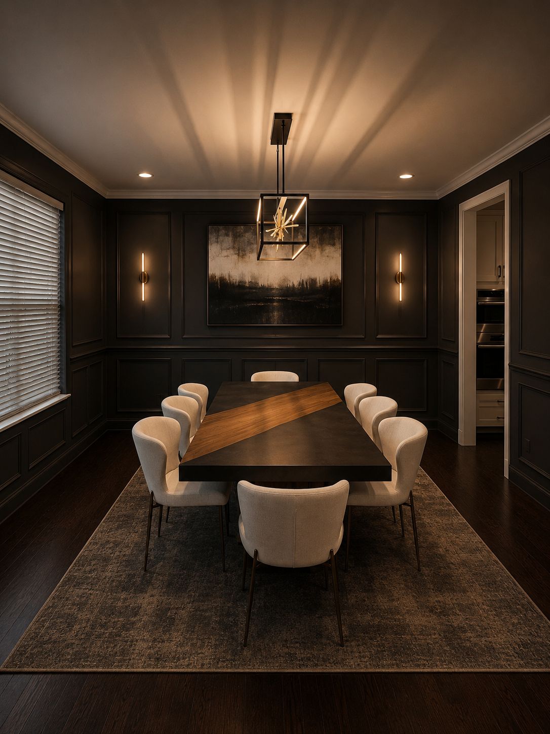 Dark dining room with geometric chandelier and wall sconces