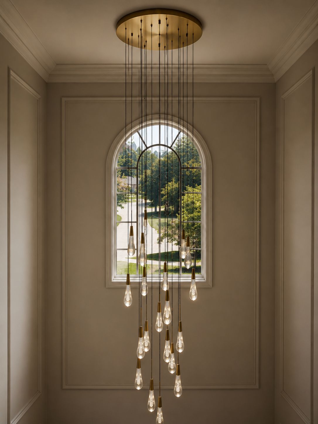 Cascading brass pendant chandelier in stairwell