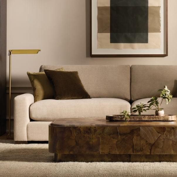 Modern living room with natural textures and warm tones