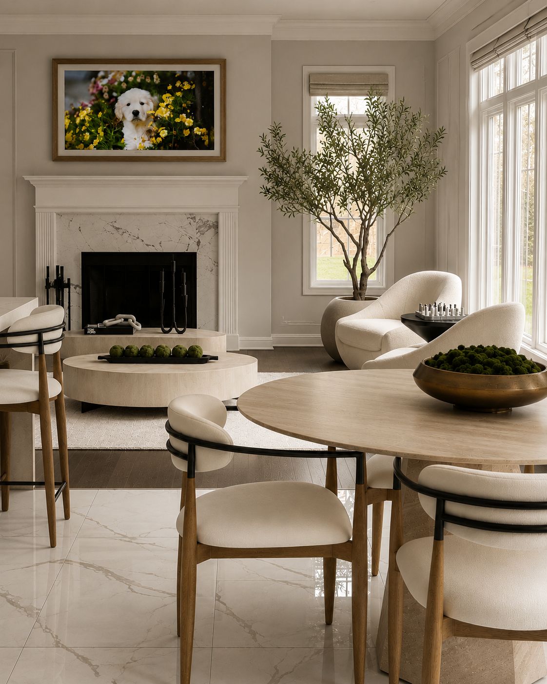 Open-plan living and dining with marble fireplace
