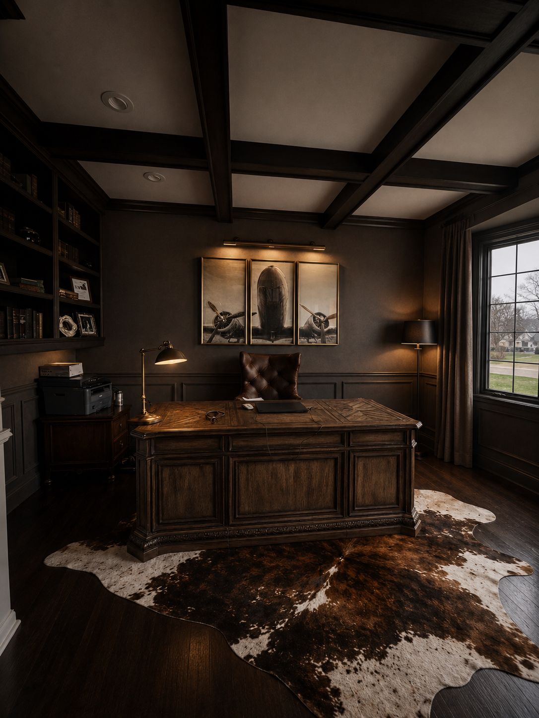 Moody home office with dark paneling and vintage desk