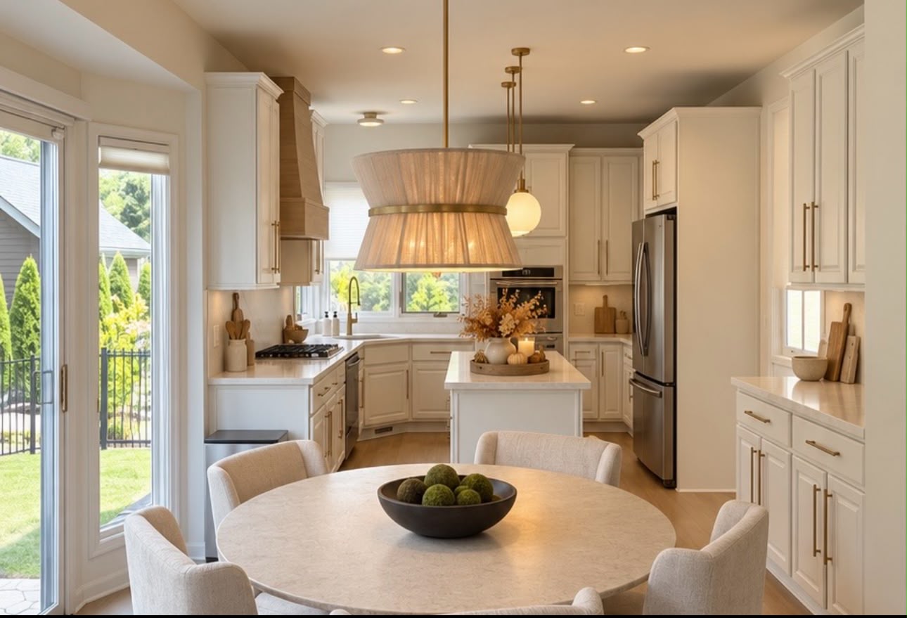 Breakfast nook with round table, cream upholstered chairs, and a woven drum pendant