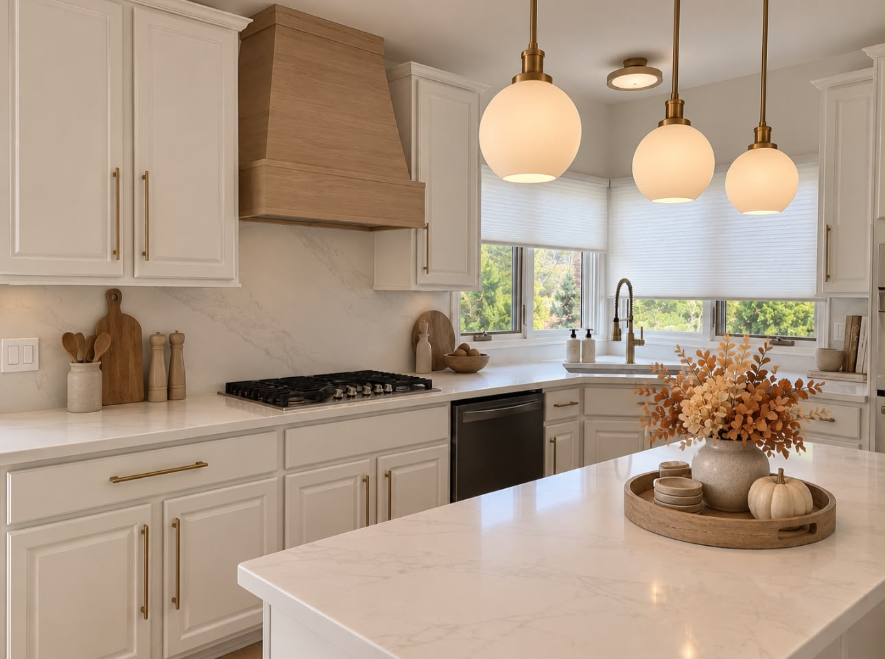 Kitchen after: white cabinetry, quartz island, wood range hood, and globe pendants