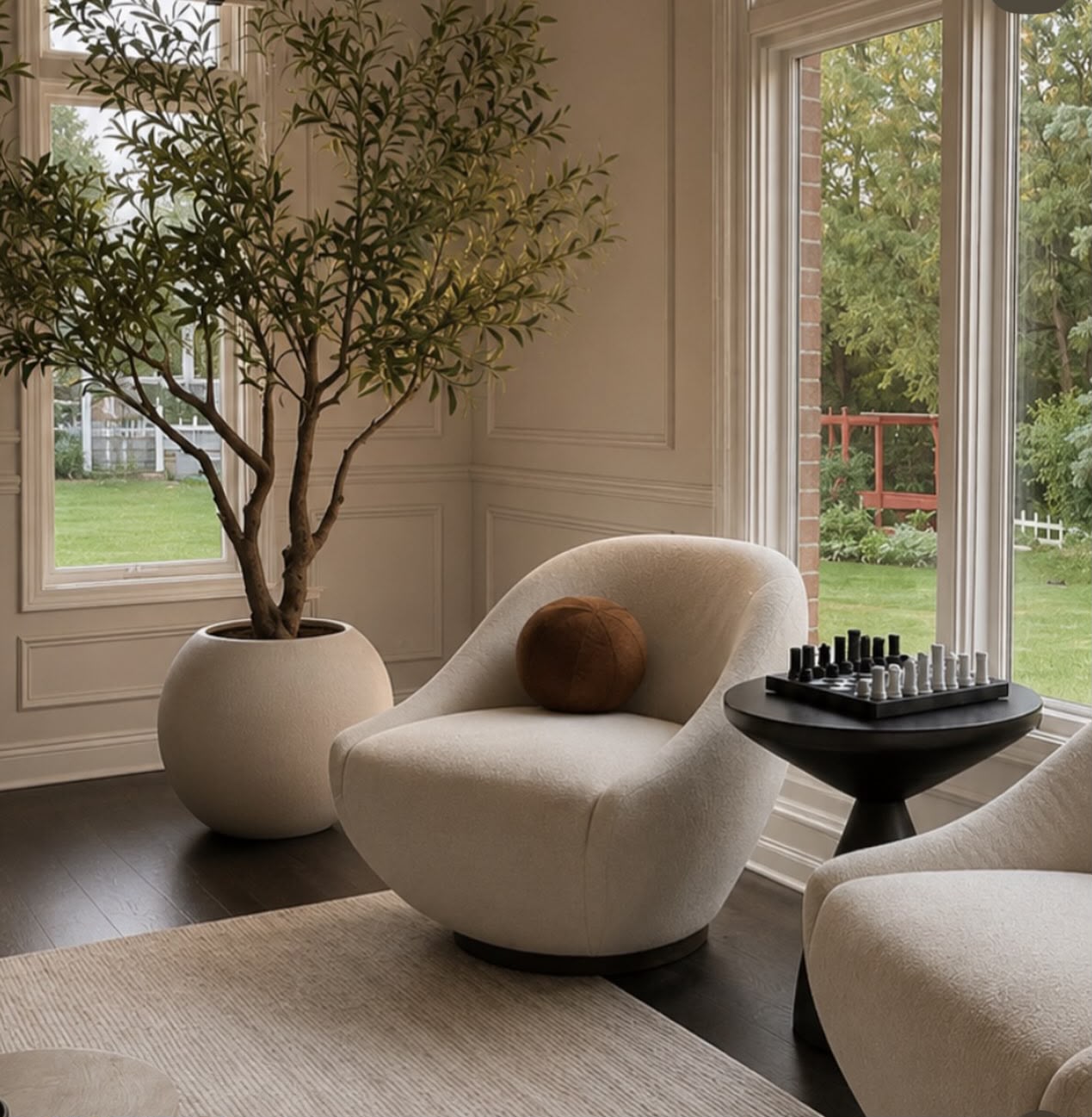 Bouclé swivel chair with olive tree, round planter, and black chess table by tall windows